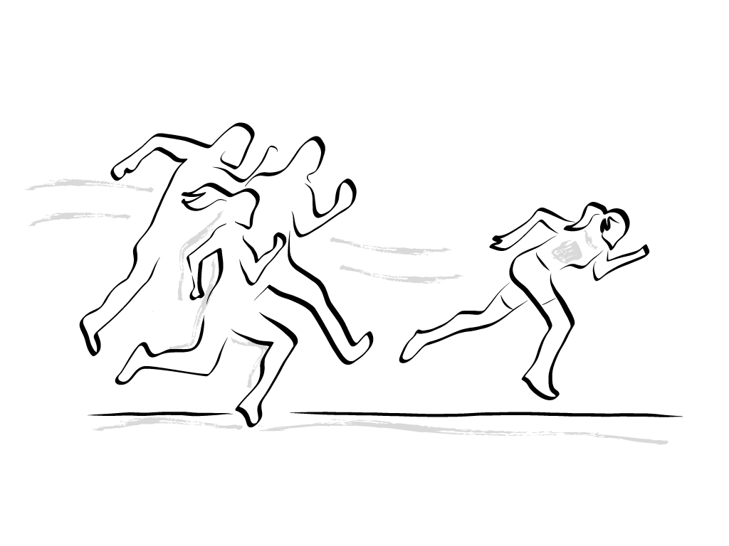 Line drawing. People running. One person is ahead of three other people.